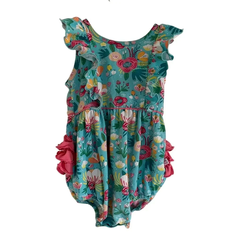 Ruffle Butt Girls Teal Floral Ruffle Romper 12-18mo